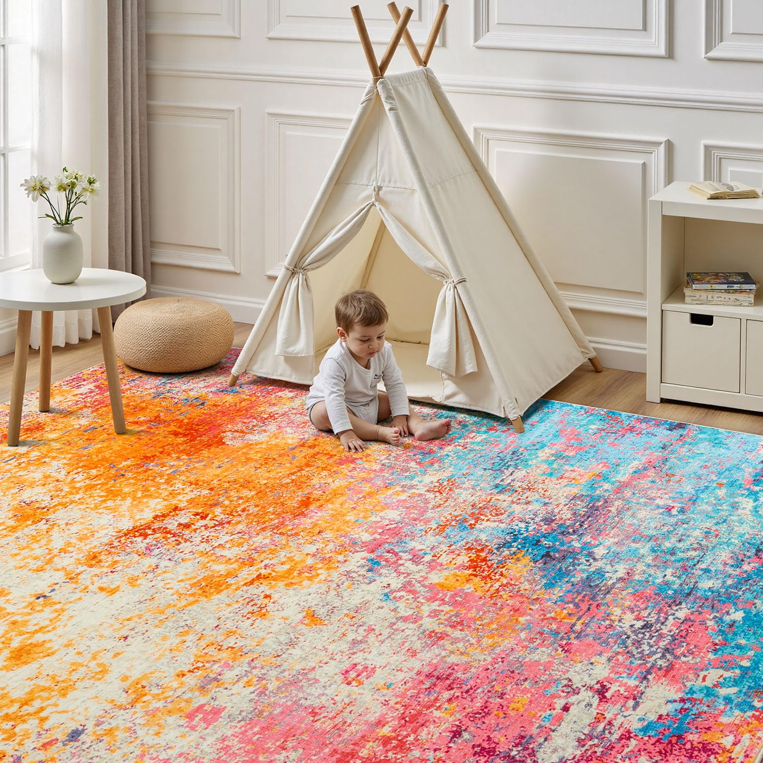 Rugflix 9x12 Area Rugs for Living Room, Washable Colorful Rainbow Large Rug