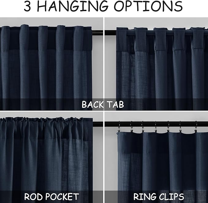 Navy Blue Linen Curtains 96 inches Long for Bedroom Back Tab Light Filtering Privacy Sheer Blue Curtains Boho Farmhouse Nautical Decor Indigo Blue Cotton Textured Draperies 2 Panel Set 52x96