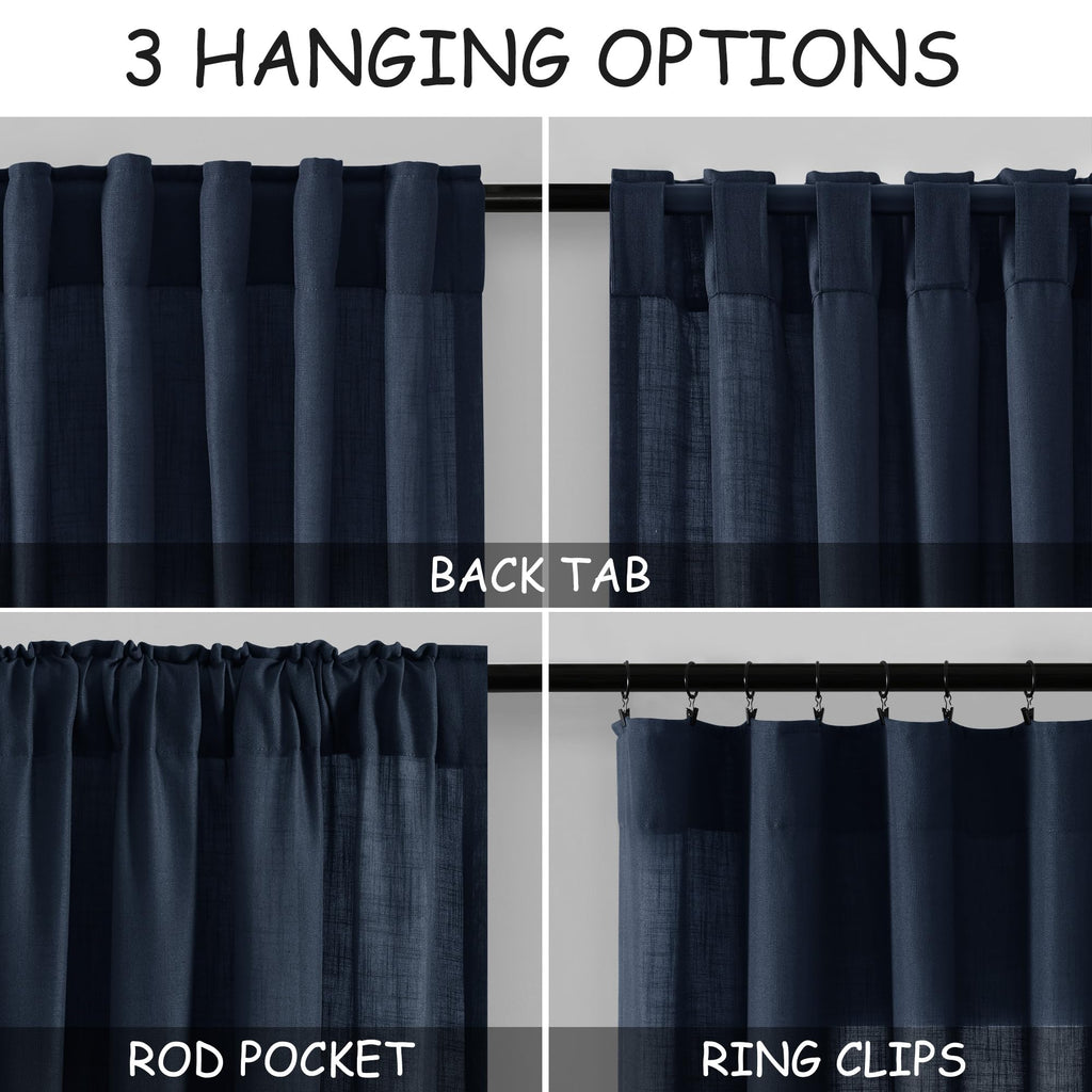 Navy Blue Linen Curtains 96 inches Long for Bedroom Back Tab Light Filtering Privacy Sheer Blue Curtains Boho Farmhouse Nautical Decor Indigo Blue Cotton Textured Draperies 2 Panel Set 52x96