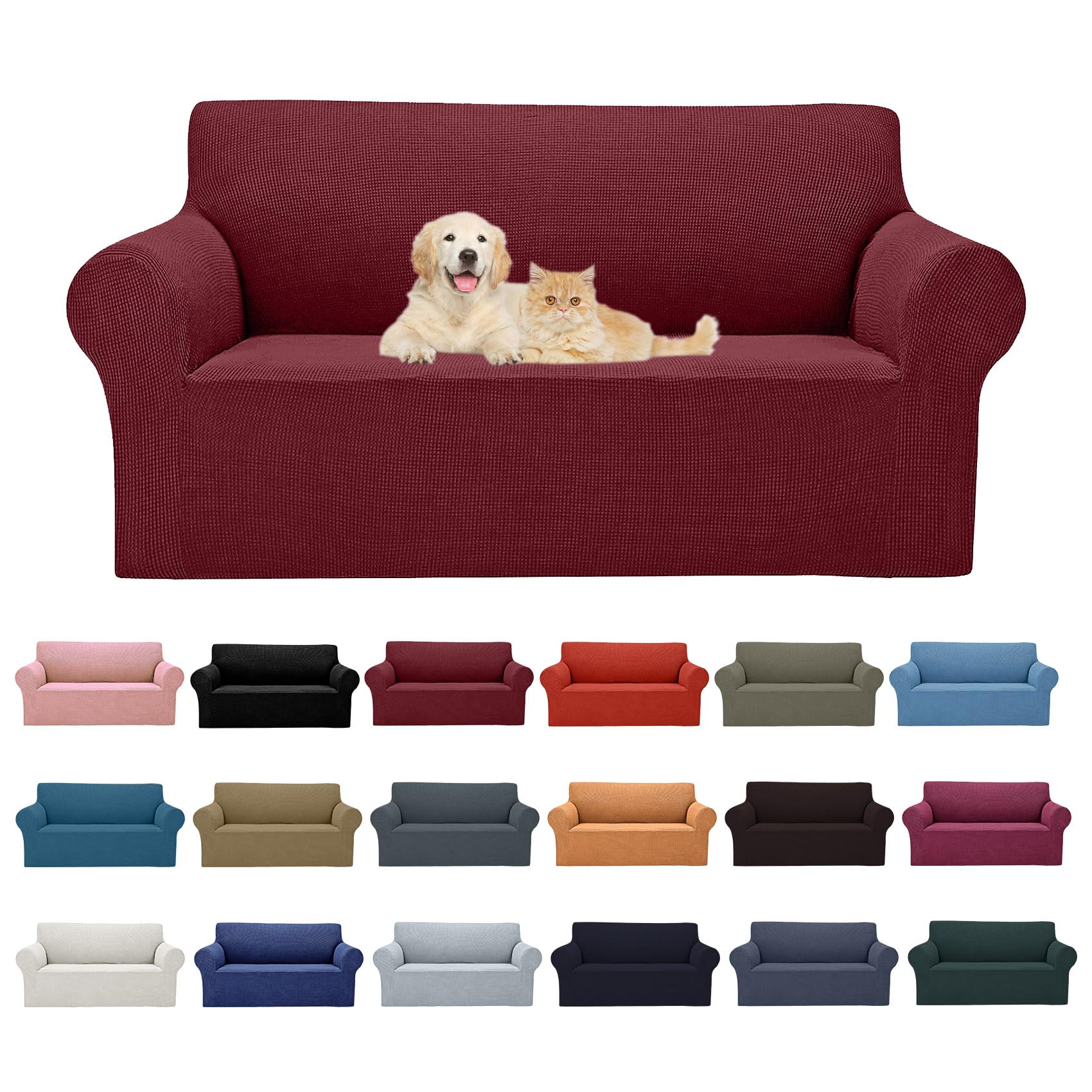 Cupuamon 2026 New Stretch Loveseat Sofa Slipcovers Couch Cover for 2 Cushion Furniture Protector Sofa Covers with Elastic Bottom Jacquard Fabric Small Checks for Pets, Kids - Dark Red