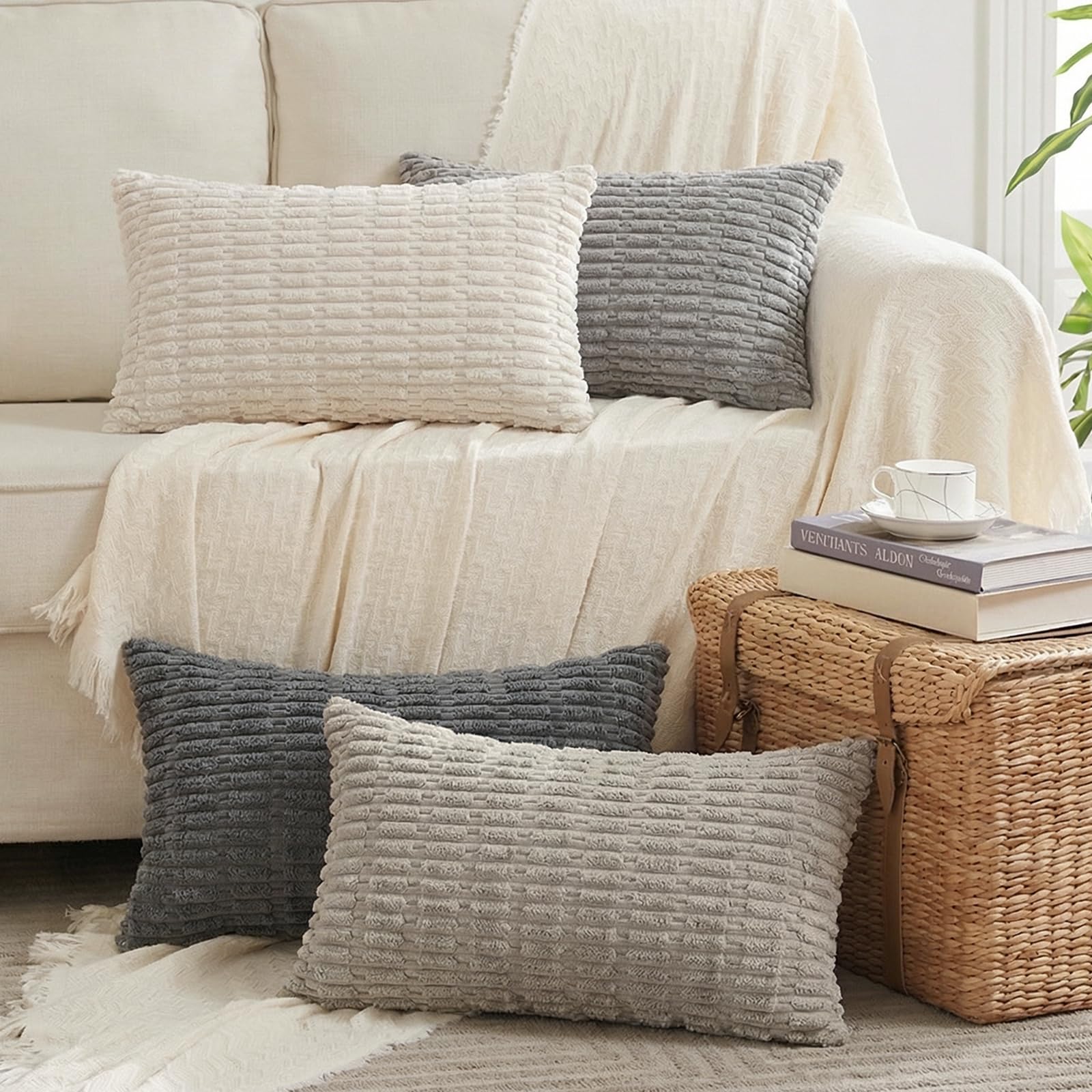 Fancy Homi 4 Packs Decorative Throw Pillow Covers for Living Room Couch Bed, Modern Farmhouse Boho Home Décor Accent Cushion Case, 20" x 12", Grey Series