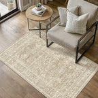 4x6 Washable Area Rug for Living Room Bedroom Vintage Beige Soft Low Pile Carpet Traditional Retro Non Slip Throw Rug for Dining Room Entryway Indoor Dorm Kitchen
