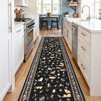 2x10 Washable Hallway Runner Rug - Soft Low Pile Floral Animal Cat Print Rugs with Non-Slip Backing Waterproof Stain-Resistant Indoor Carpet for Kitchen Entryway Bathroom Bedroom (Black)