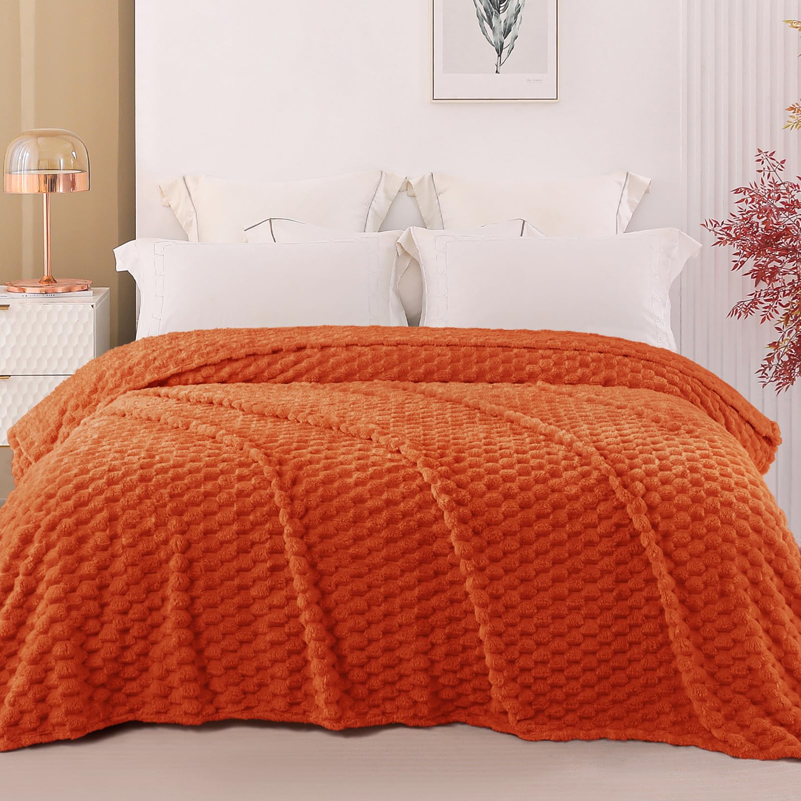 Exclusivo Mezcla 3D Fleece King Size Blanket for Bed, Burnt Orange