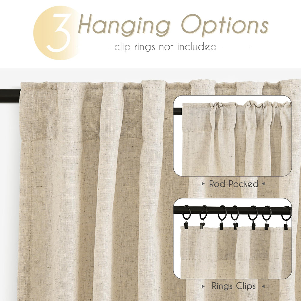 Jolilight Faux Linen Beige Curtains 102 inches Long for Living Room Rustic Farmhouse Linen Drapes Semi Sheer Burlap Textured Canvas Cloth Curtain Panels Set of 2 Kahki Tan Colored