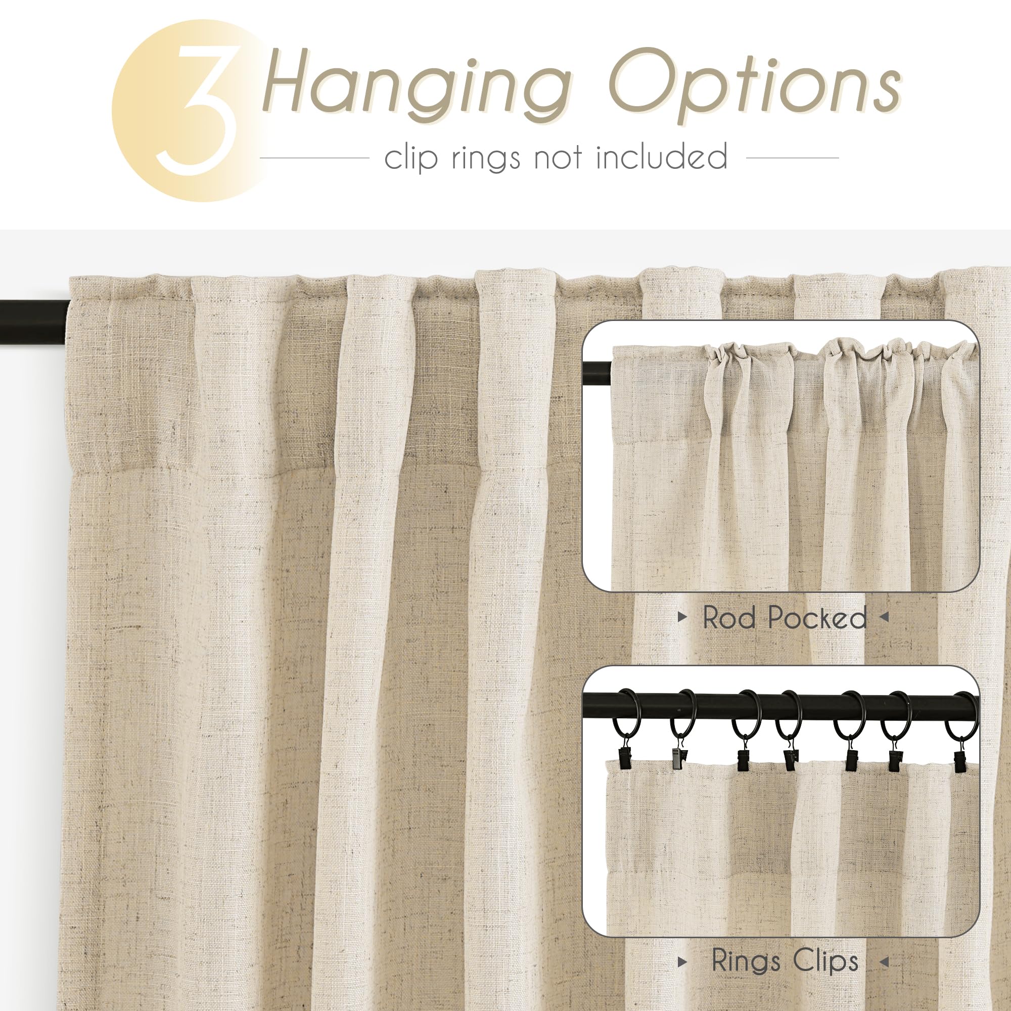 Jolilight Faux Linen Beige Curtains 102 inches Long for Living Room Rustic Farmhouse Linen Drapes Semi Sheer Burlap Textured Canvas Cloth Curtain Panels Set of 2 Kahki Tan Colored