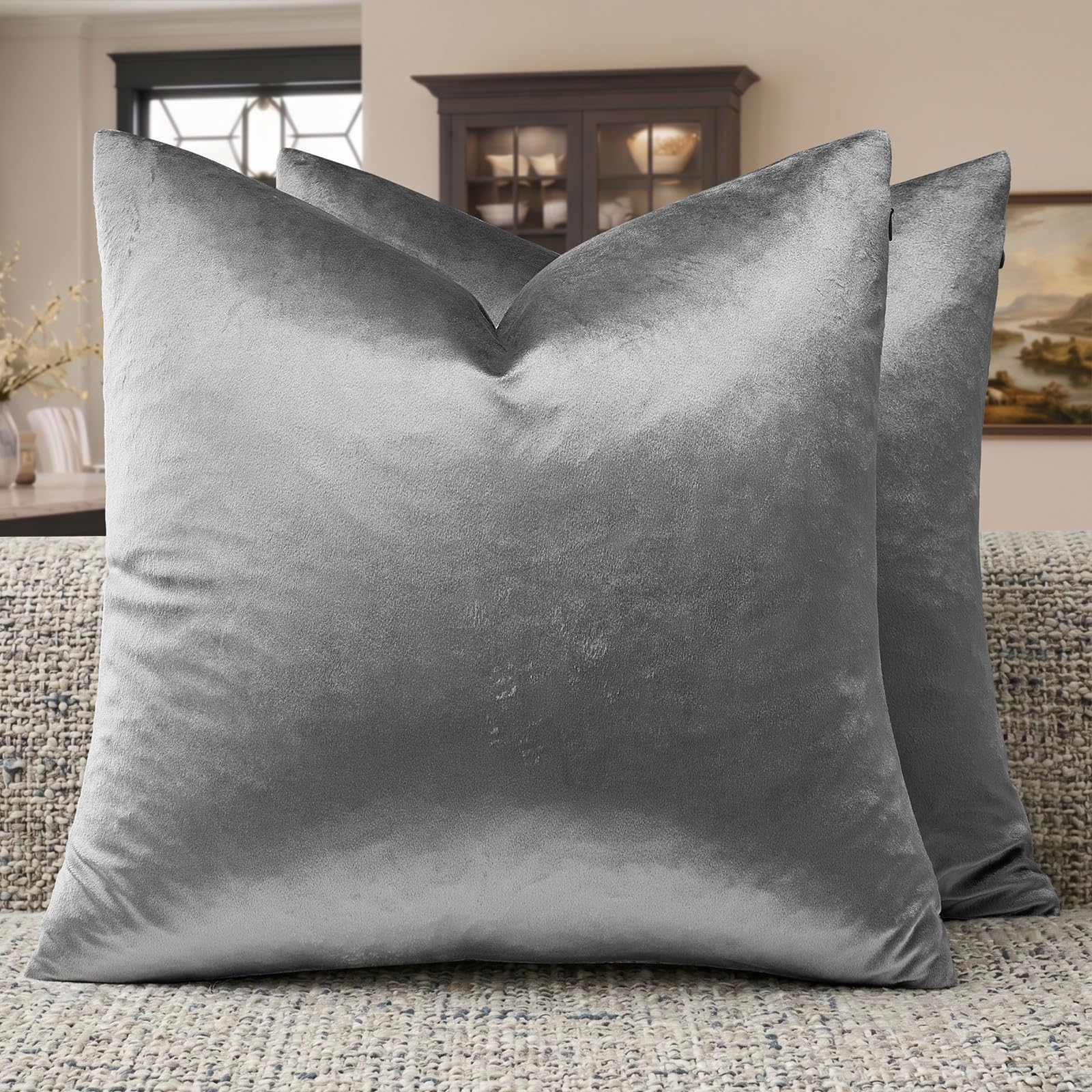 GIGIZAZA Dark Grey Velvet Throw Pillow Covers 18x18 Pack of 2