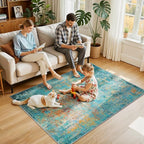 Washable Area Rugs 4'x6' Non-Slip Modern Abstract Soft for Living Room Entryway Bedroom Nursery, Print Pattern, Teal Blue Green Orange Rust Red Coloreful