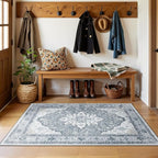 RELEANY Area Rugs 3'x5' Washable Non-Slip, Floral Vintage Distress Print Pattern Medallion Carpet for Living Room Bedroom Dining Room, Light Gray Grey White