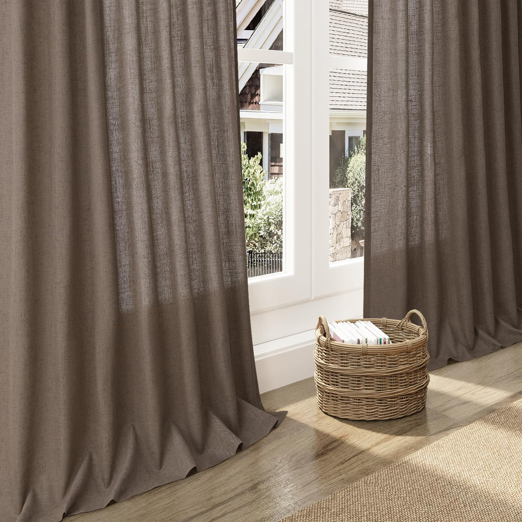 Light Brown Linen Curtains 120 Inch Extra Long for Living Room Back Tab Light Filtering Semi Sheer Drapes Modern Farmhouse Boho Decor Cotton Textured Curtain for Floor to Ceiling High Window 52x120