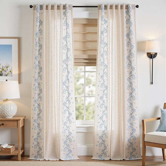 jinchan Floral Linen Curtains 96 Inch Farmhouse Backt Tab 2 Panels Blue