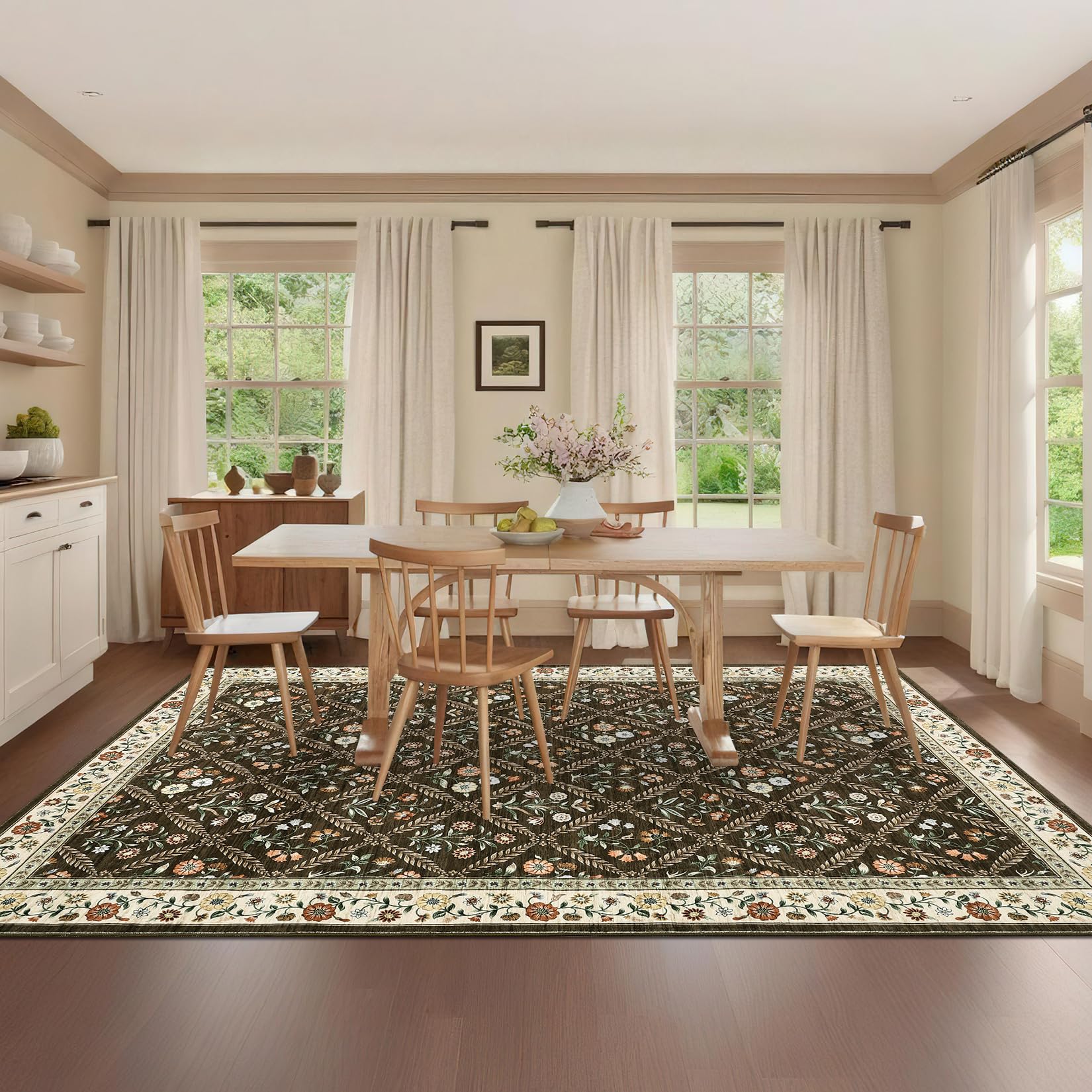 GarveeHome 6x9 Machine Washable Area Rugs for Living Room Floral Stain Resistant Soft Carpet Vintage Low Pile Non Slip Non-Shedding Floor Carpet Rugs for Bedroom Nursery Brown