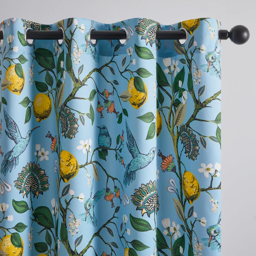 Topfinel Blue Patterned Curtains 2 Pages 96 Inches Long Blackout Heat Block Farmhouse Watercolor Floral Flower Hummingbird Printed Drapes Grommet Window Treatment for Living Room,96 Inch Length