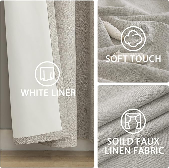 Yakamok Oatmeal Linen Curtains 100% Blackout 63 Inches Long,Room Darkening Textured Curtains for Living Room Thermal Grommet Bedroom Curtains 2 Panels with White Liner