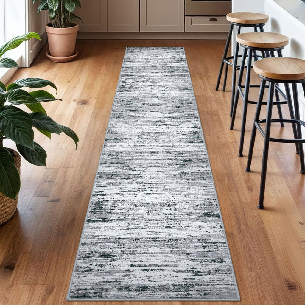 Lansny Modern Abstract Runner Rug 2x10, Black Grey White Washable Long Kitchen Runner Non-Slip Soft Hallway Rug Runner Thin Print Faux Wool Carpet for Entryway Bedroom Laundry Room Indoor Home Decor