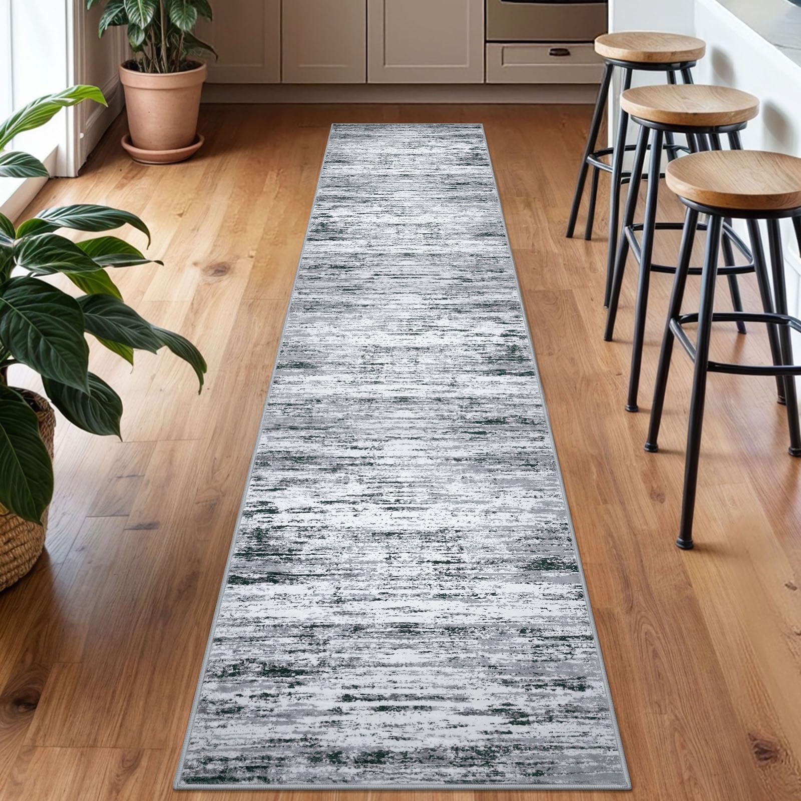 Lansny Modern Abstract Runner Rug 2x10, Black Grey White Washable Long Kitchen Runner Non-Slip Soft Hallway Rug Runner Thin Print Faux Wool Carpet for Entryway Bedroom Laundry Room Indoor Home Decor