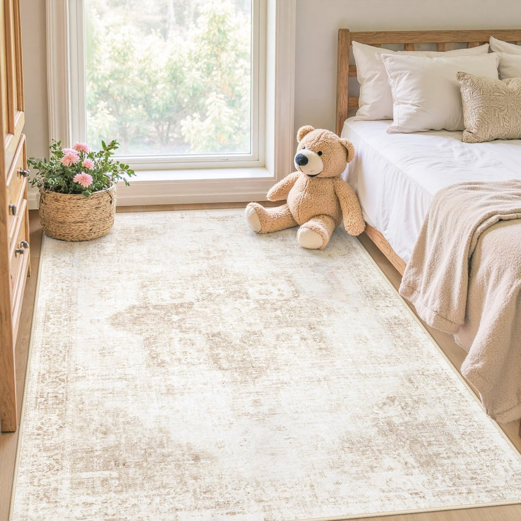 VECARF Area Rug 3x5 Washable Rug, Vintage Boho Medallion Entryway Rug Non-Slip Soft Low Pile Small Distressed Floor Carpet Retro Doormat for Kitchen Bedroom Laundry Bathroom Hallway (Beige, 3'x5')