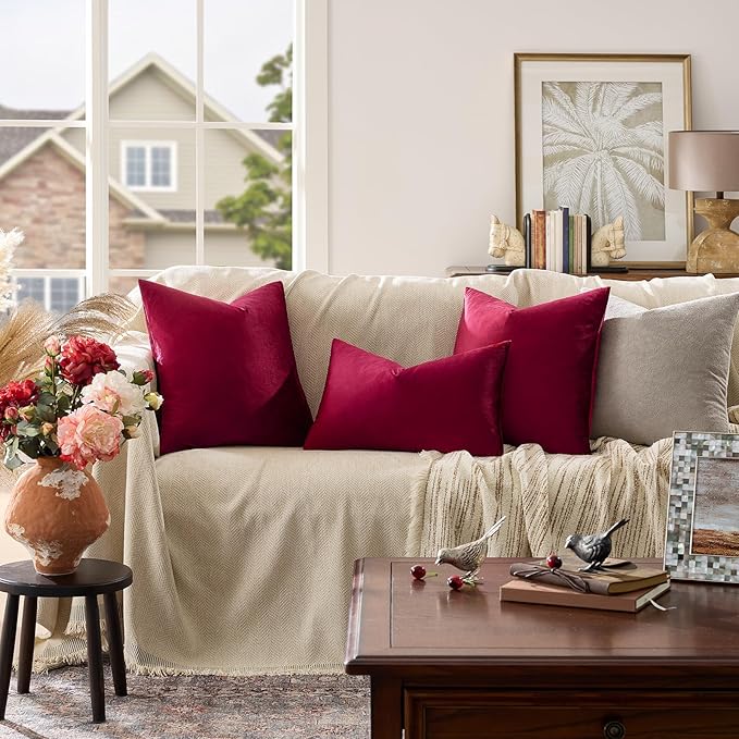 GIGIZAZA Burgundy Velvet Pillow Covers 18x18 Decorative Pillows Pack of 2