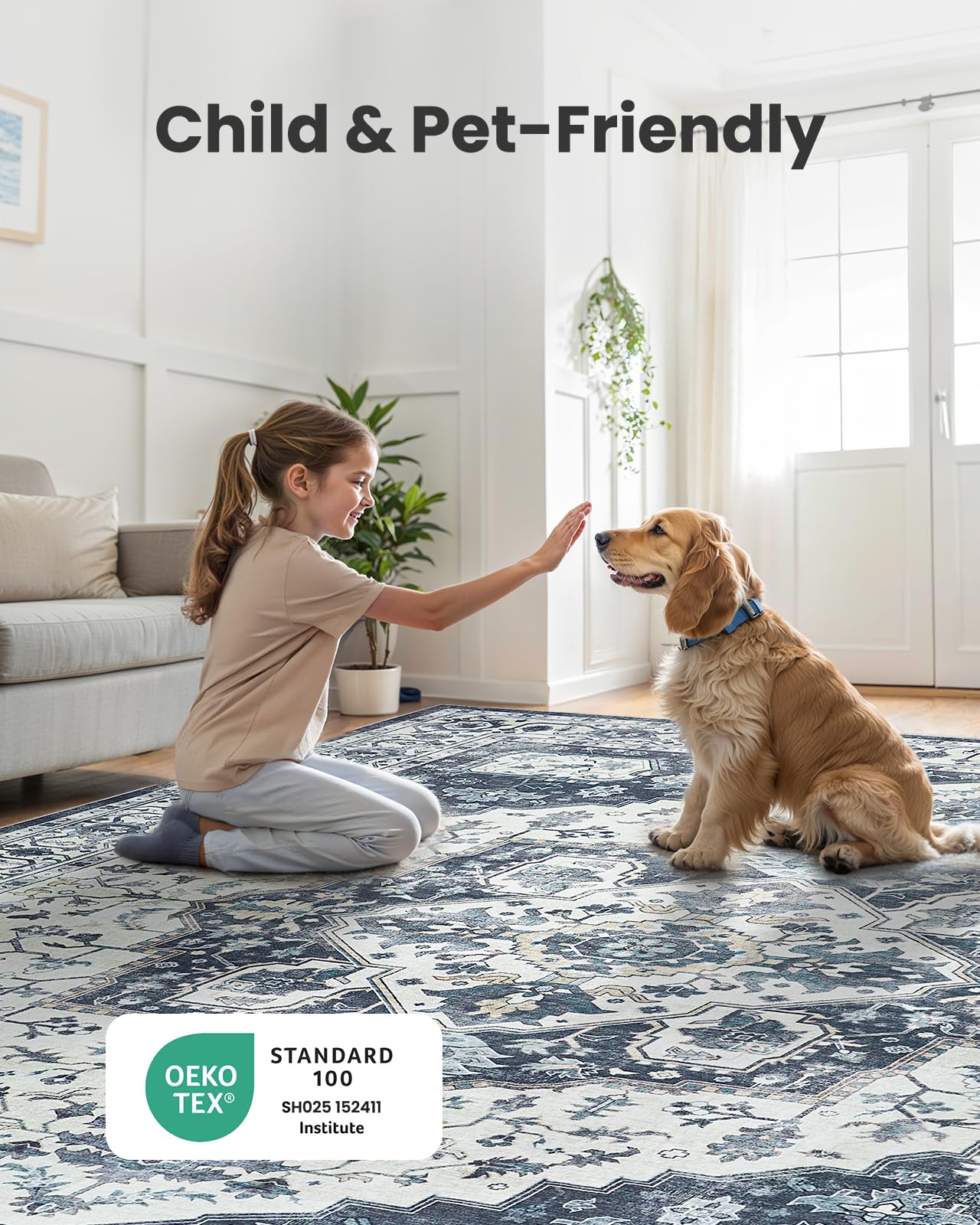 AMADA HOMEFURNISHING 9x12 Area Rug, Washable Low-Profile Large Area Rug with Non-Slip Backing & Durable Edge Binding, Vintage Large Rugs for Living Room, Bedroom