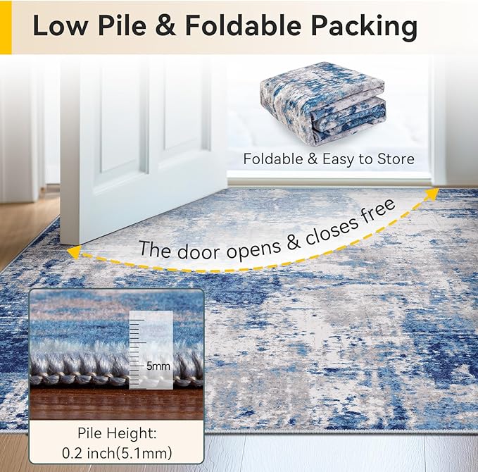 RELEANY Washable 4'x6' Abstract Area Rug for Living Room Blue Gray