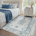Area Rugs 4'x6' Washable Non-Slip, Floral Vintage Distress Print Pattern Medallion Carpet for Living Room Bedroom Dining Room, Light Blue Navy Beige Gray White