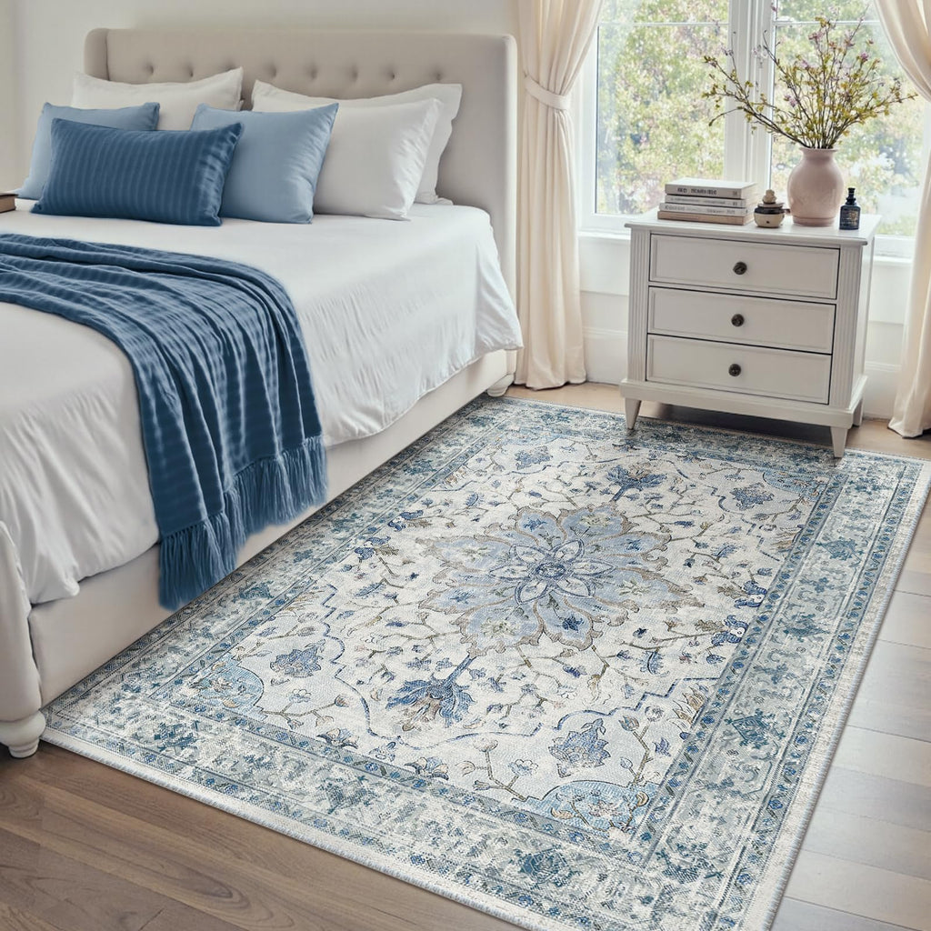 RELEANY Washable Area Rug, 4'x6', Blue/White/Gray