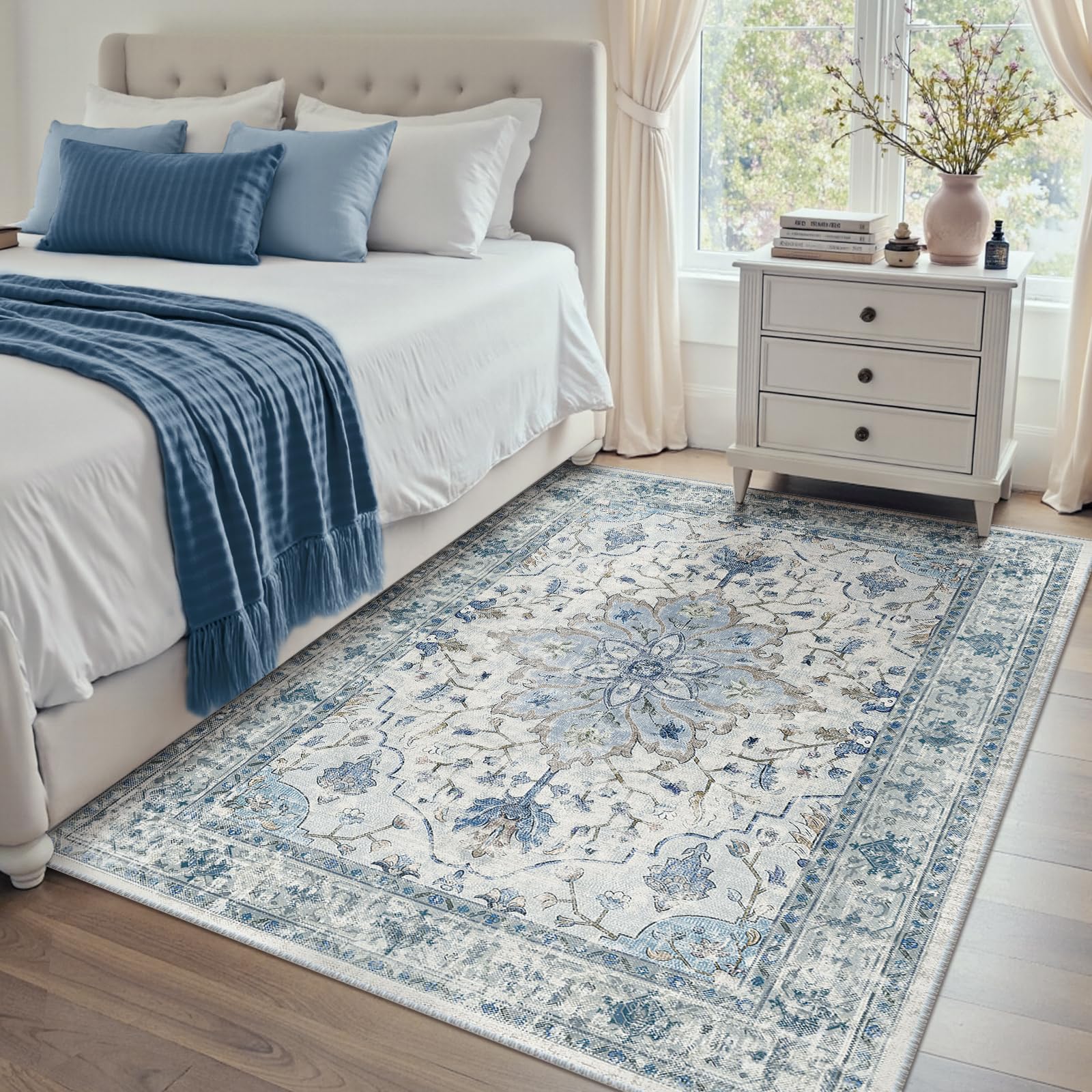 RELEANY Washable Area Rug, 4'x6', Blue/White/Gray