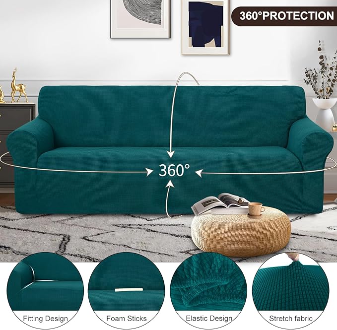 U-NICE HOME 4 Seater Stretch Couch Cover for 3 Cushion Sofa, Blue
