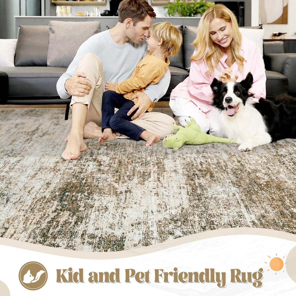 XLUEZ 6x9 Area Rugs for Living Room, Washable Modern Abstract Large Area Rug Neutral Soft Non Slip Kids Rug Stain Resistant Indoor Carpet for Bedroom Nursery Dining Room Playroom(Brown, 6'x9')