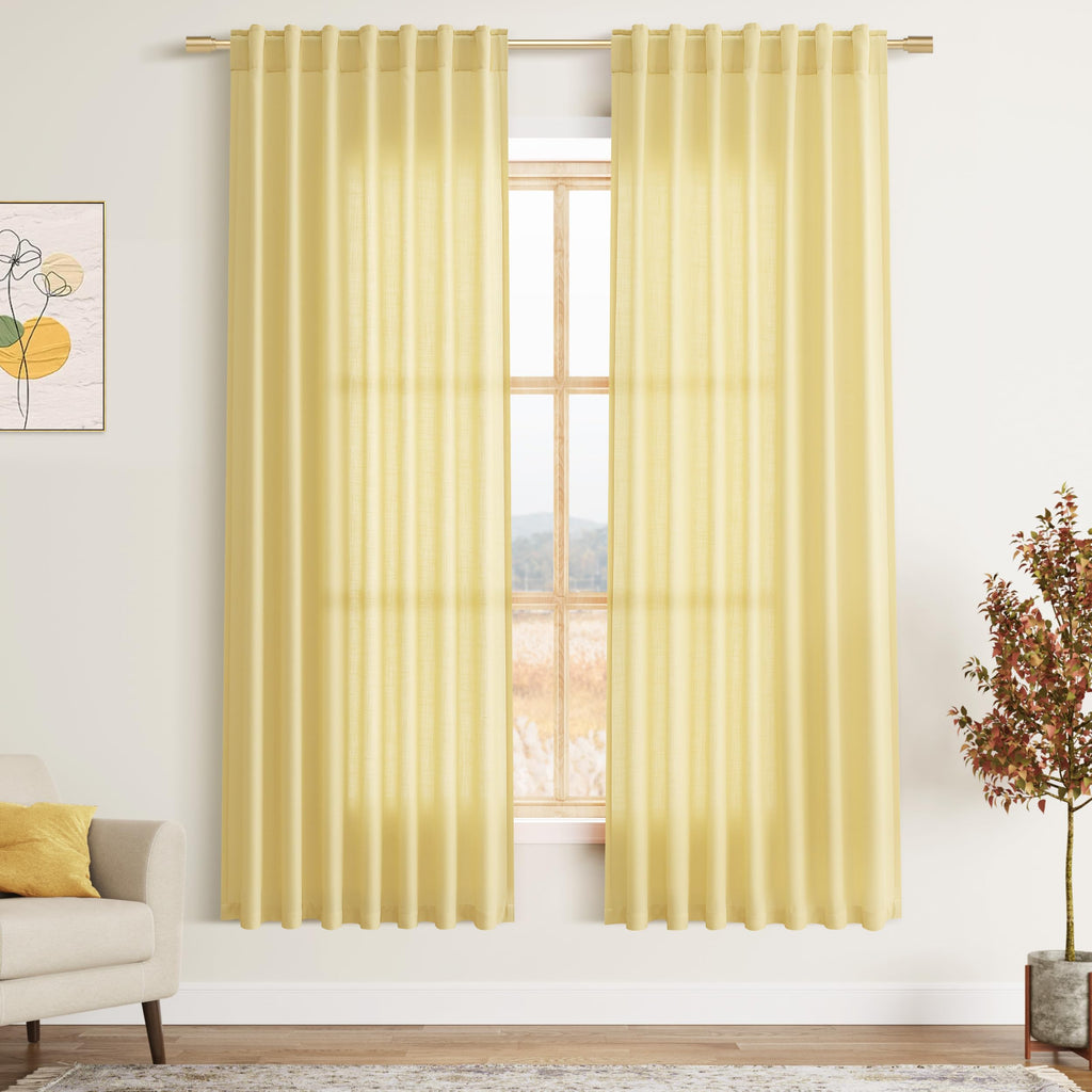 Nanspring Yellow Linen Semi Sheer Curtains 72 Inch Length for Living Room Back Tab Rod Pocket Modern Farmhouse Coastal Decor Cotton Textured Gauze Curtains 72 Inches Long for Dining Room Office 52x72