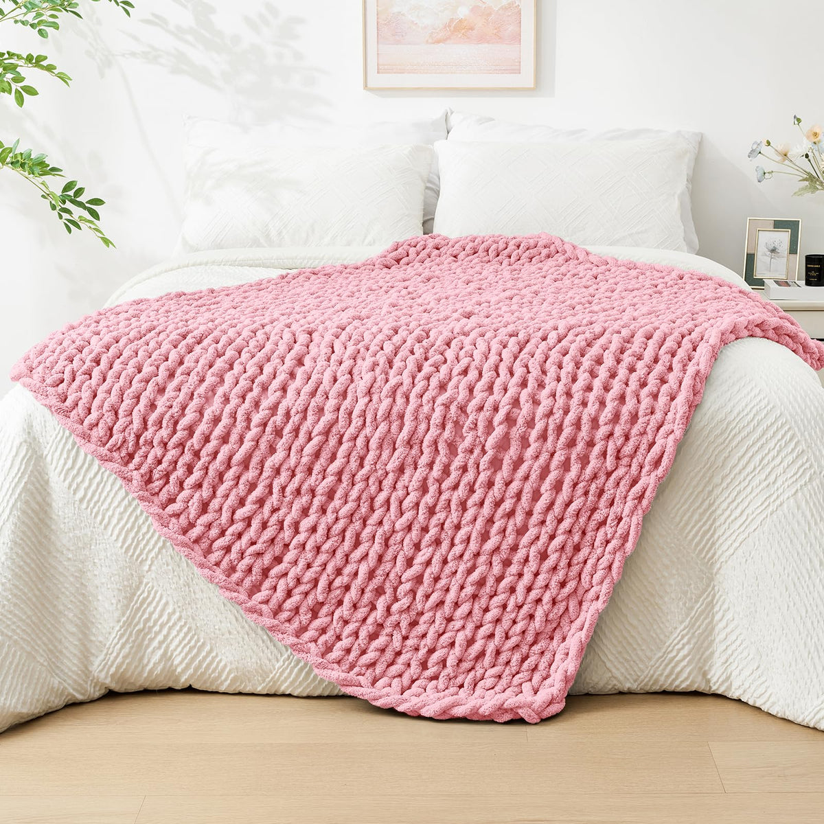 Bigacogo Chunky Knit Throw Blanket for Couch, 40x60 inches, Light Grey
