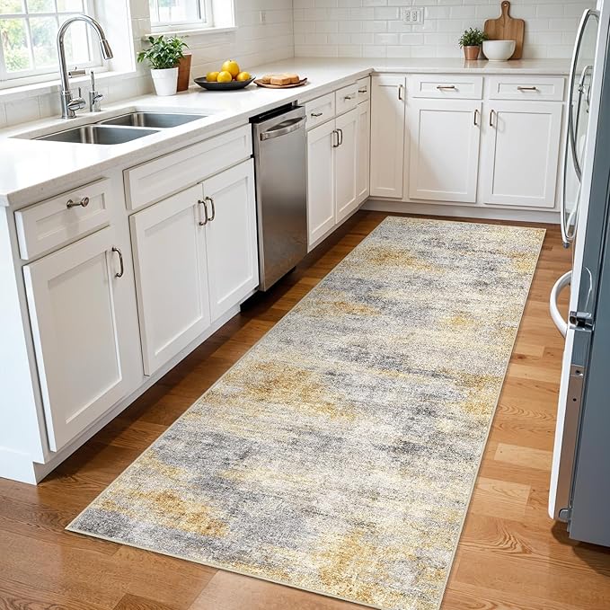 3x7 Runner Rug Washable Abstract: Non Slip Hallway Floor Mat Grey/Yellow