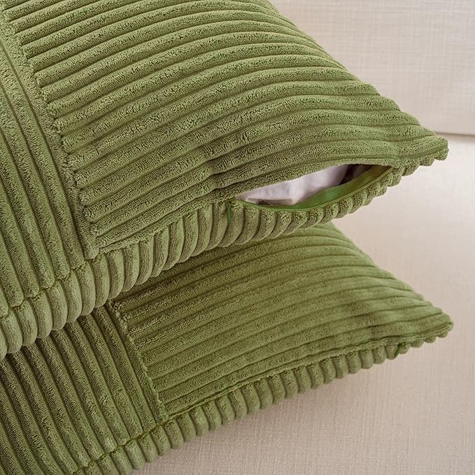 Fancy Homi 2 Packs Moss Green Long Lumbar Decorative Throw Pillow Covers 16x24 Inch for Couch Bed Sofa, Rustic Farmhouse Boho Home Decor, Soft Striped Corduroy Rectangle Accent Cushion Case 40x60 cm