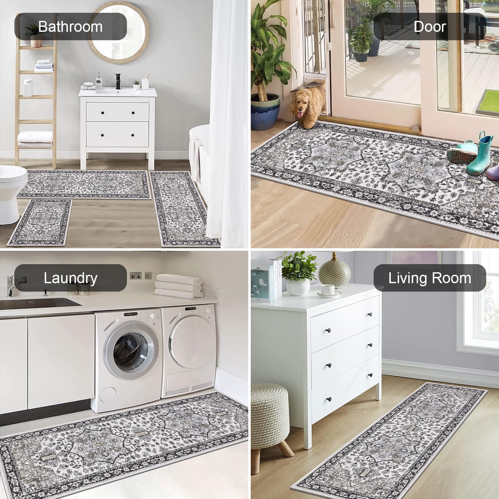HEBE Boho Kitchen Rugs Set of 3, Non Slip Washable Kitchen Mats for Floor