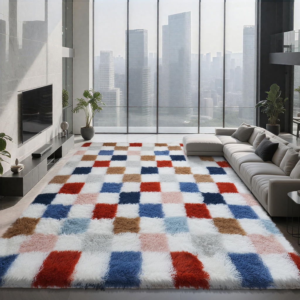 Shag Area Rug for Bedroom Living Room,6x9 Fluffy Soft Colorful Checkered Rug Fuzzy Shaggy Bedroom Carpet,Indoor Plush Floor Rugs for Teen Dorm Home Decor