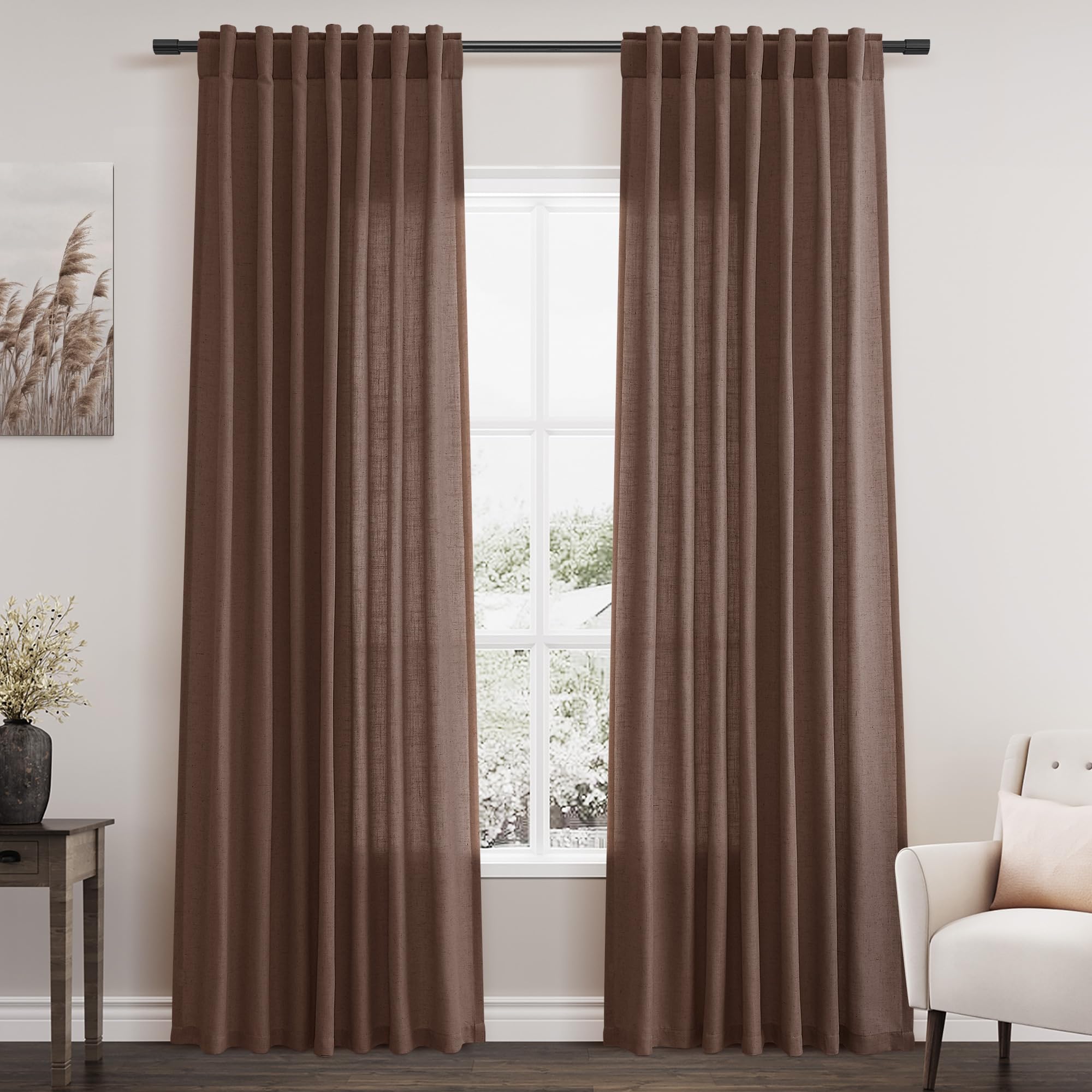 Mocha Mousse Curtains 84 Inch Length 2 Panels Set Back Tab Rod Pocke tLinen Blend Light Filtering Semi Sheer Textured for Neutral Farmhouse Living Room and Bedroom Decor 52x84