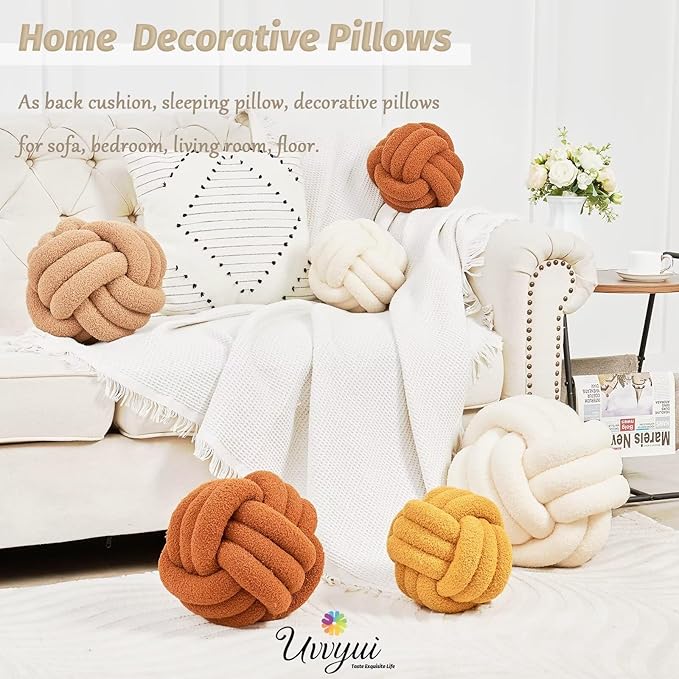 Uvvyui Knot Pillow Ball, Soft Home Decorative Pillows, Round Throw Pillow, Handmade Knotted Plush Pillow, Round Boucle Pillow Cushion (14 Inches Light Grey)