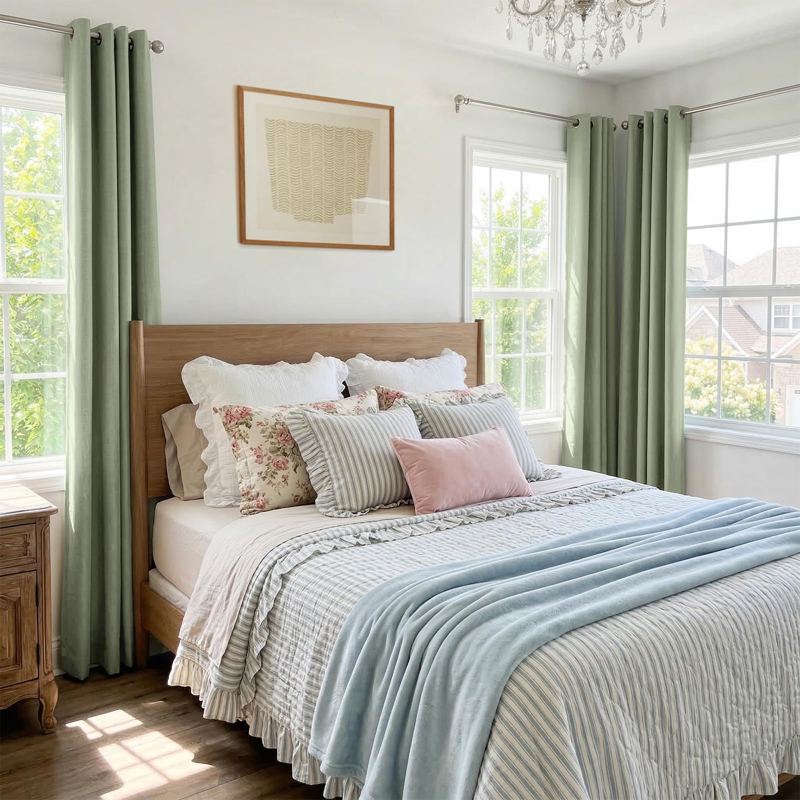 Linen Textured Total Blackout Curtains 72 Inches Long, Sage Green