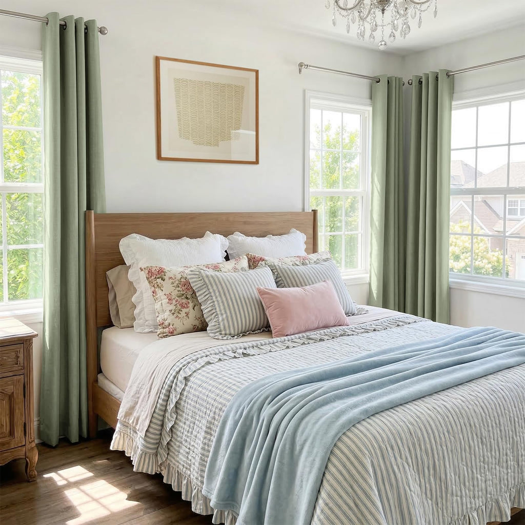 Linen Textured Total Blackout Curtains 96 Inches Long, Sage Green