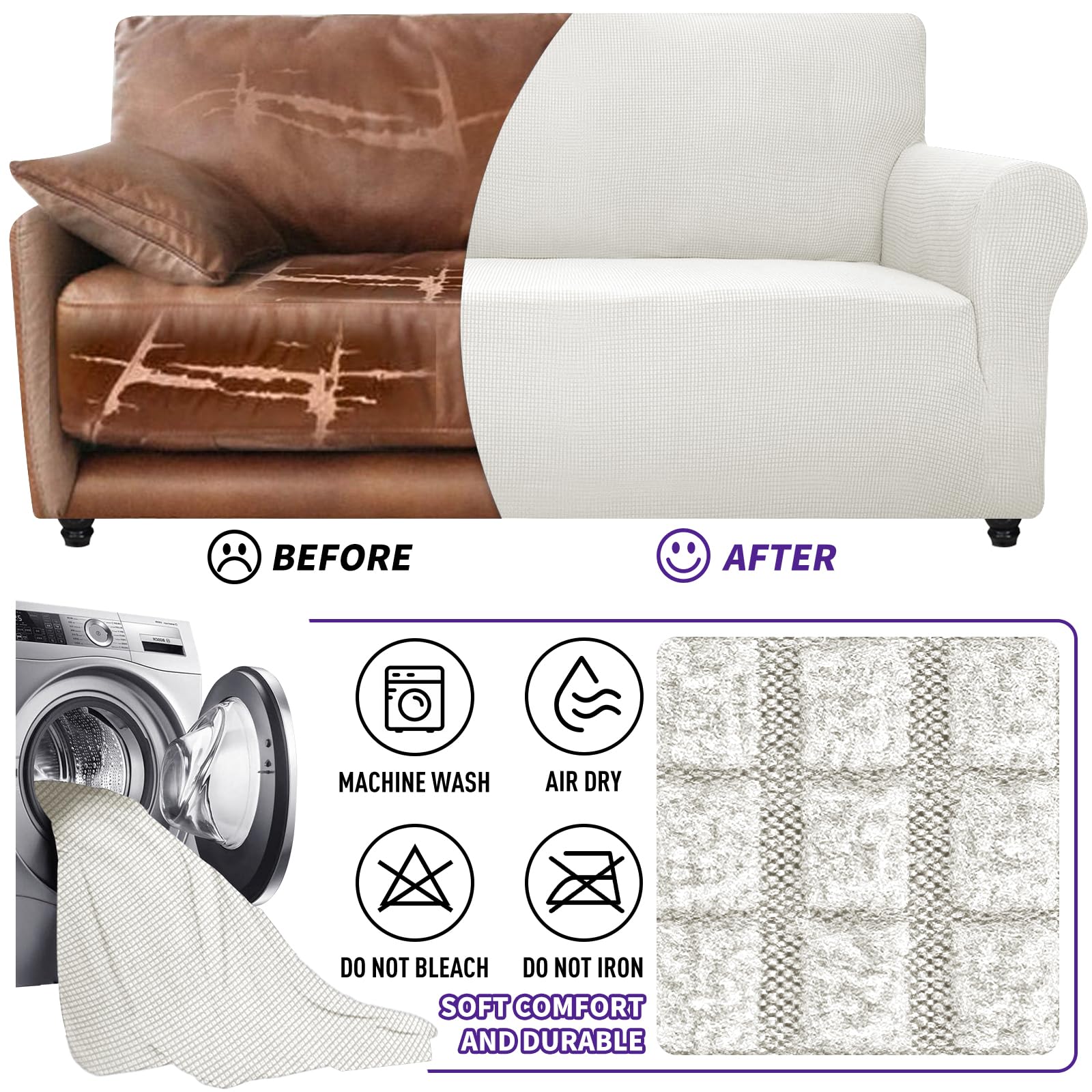 ZNSAYOTX Stretch Oversized Couch Cover Universal Sofa Covers for Living Room Dogs Pet Furniture Protector Spandex Extra Large Sofa Slipcovers with Anti Slip Foam Sticks (White, XL Sofa)