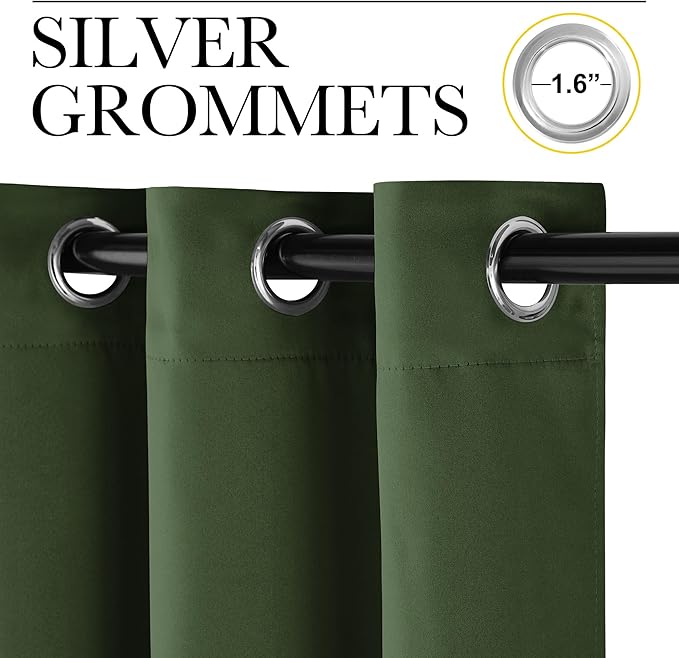 NICETOWN Dark Green Blackout Cafe Satin Curtains for Small Windows, 42" Wide by 84" Long, 2 Panels, Grommet Noise Reducing Faux Silk Blackout Drapes for Dining Room