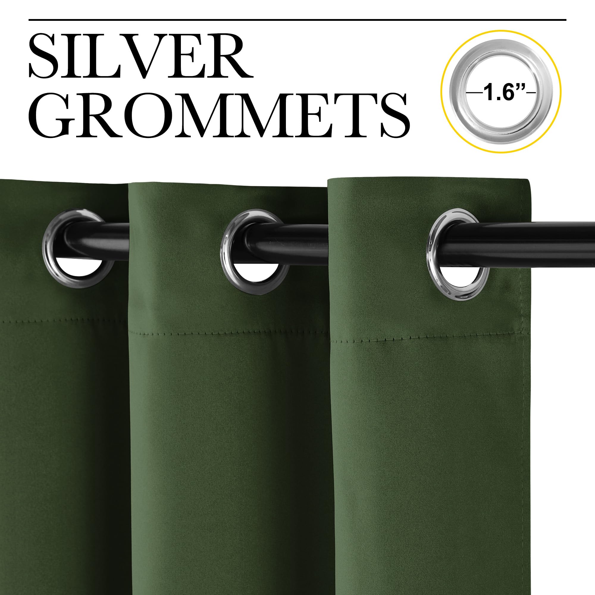 NICETOWN Dark Green Blackout Cafe Satin Curtains for Small Windows, 42" Wide by 63" Long, 2 Panels, Grommet Noise Reducing Faux Silk Blackout Drapes for Dining Room