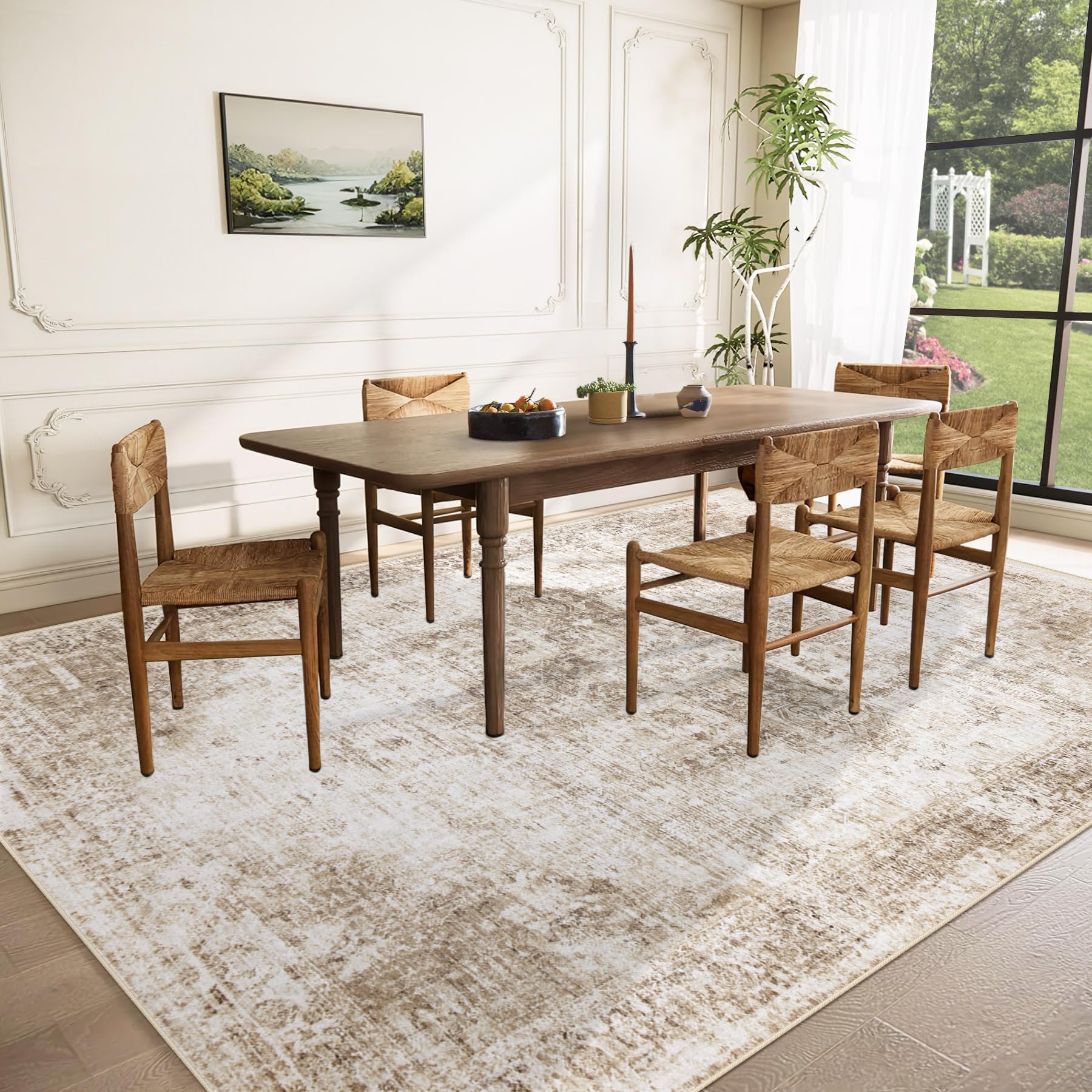 VECARF Area Rug 8x10 Washable Rug, Vintage Boho Medallion Rugs Non-Slip Soft Low Pile Large Distressed Rug Indoor Retro Carpet for Living Room Bedroom Dining Room Home Office (Brown, 8'x10')