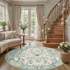 PLHXFR Round Area Rug Living Room: 6 ft Floral Washable Carpet Green Beige