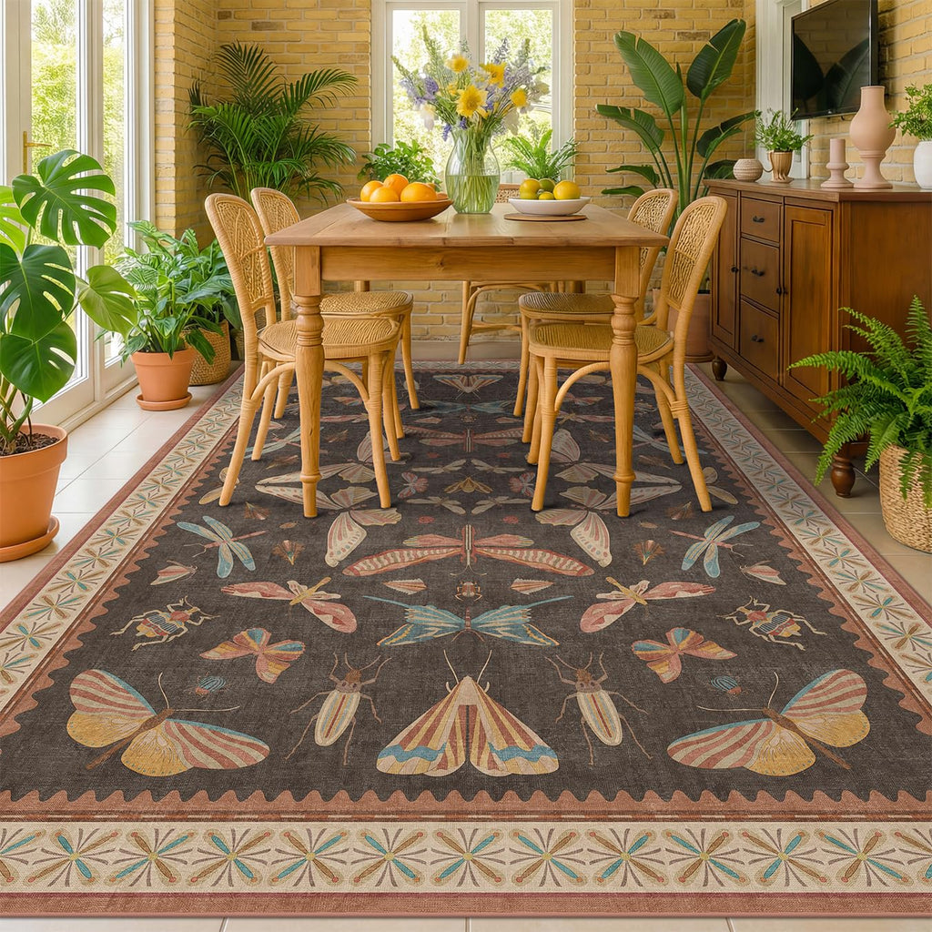 Dining Room Rugs for Under Table 6x9 - Washable Soft Rugs for Bedroom Aesthetic, Low Pile Stain Resistant Living Room Carpet, Vintage Insect Home Décor (Brown)