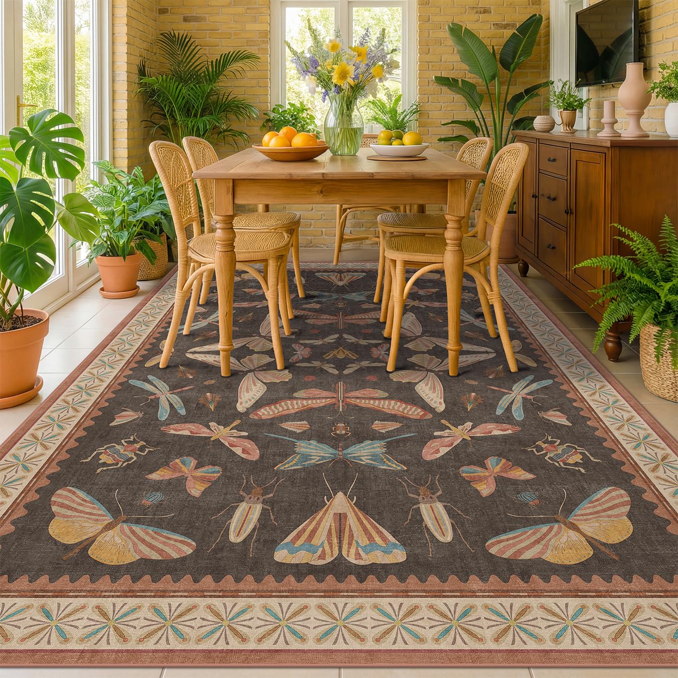 Dining Room Rugs for Under Table 6x9 - Washable Soft Rugs for Bedroom Aesthetic, Low Pile Stain Resistant Living Room Carpet, Vintage Insect Home Décor (Brown)