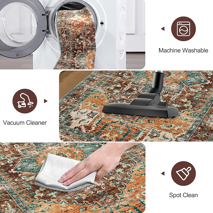Yamaziot Washable Runner Rug, 2x12 Non-Slip Boho Vintage Hallway Rug Runner with Rubber Backing, Stain Resistant Low Pile Distressed Carpet Runner for Bedroom, Kitchen, Laundry, Entrance