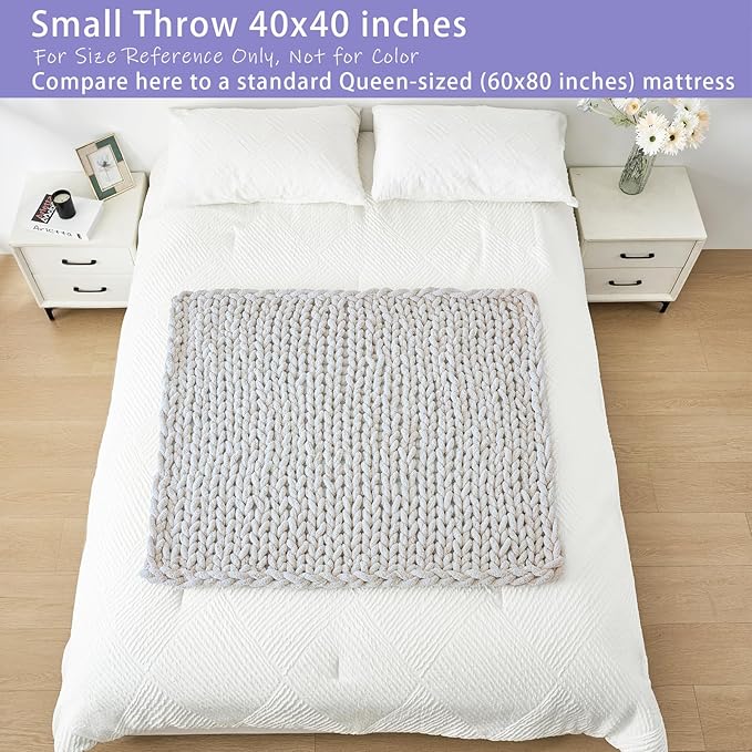Bigacogo Chunky Knit Throw Blanket for Couch, 40x40 inches, 100% Hand Knitted with Thick Jumbo Chenille Yarn, Cozy Soft Large Rope Knot Cable Crochet Blankets for Sofa Bed Living Room, Rose Tan