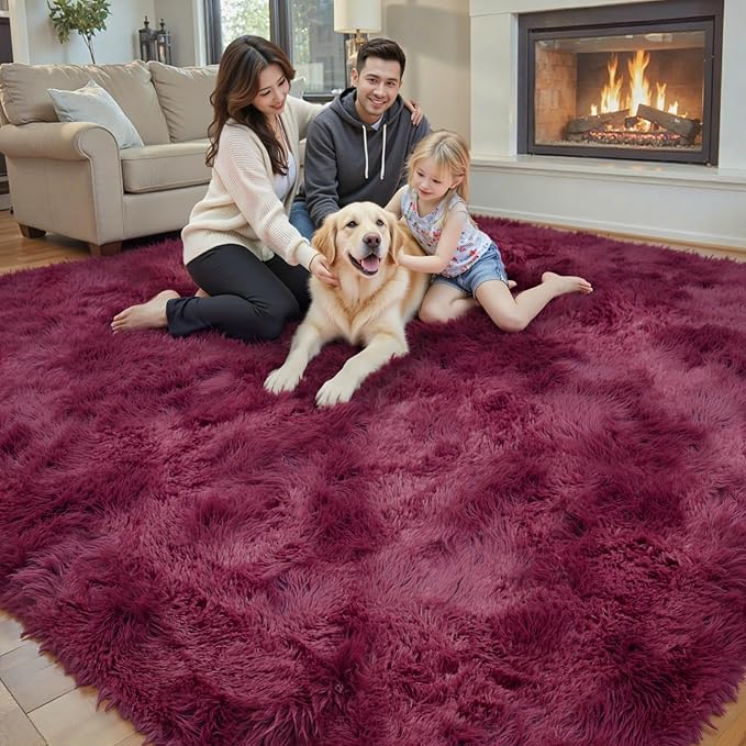 Area Rugs 9x12 Living Room, Burgundy Large Shaggy Carpet Plush Furry Rug