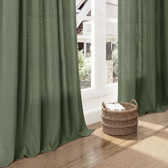 Nanspring Forest Green Linen Curtains for Living Room 90 Inches Long Light Filtering Semi Sheer Curtain Back Tab and Rod Pocket Wabi Sabi Boho Decor Luxury Drapes for Bedroom Office 52x90, 2 Panels